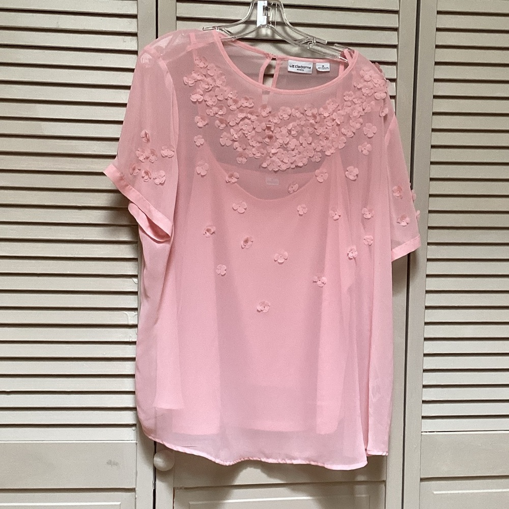 Liz Claiborne Soft Pink Sheer Floral Appliqué Blouse